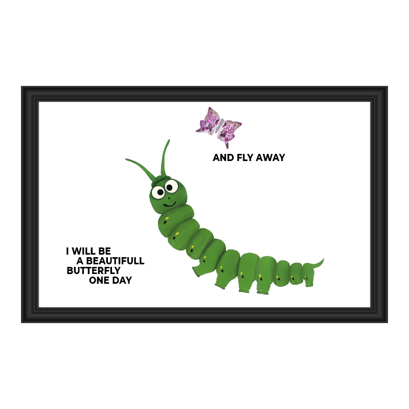 A green caterpillar with a butterfly flying away, symbolizing change.