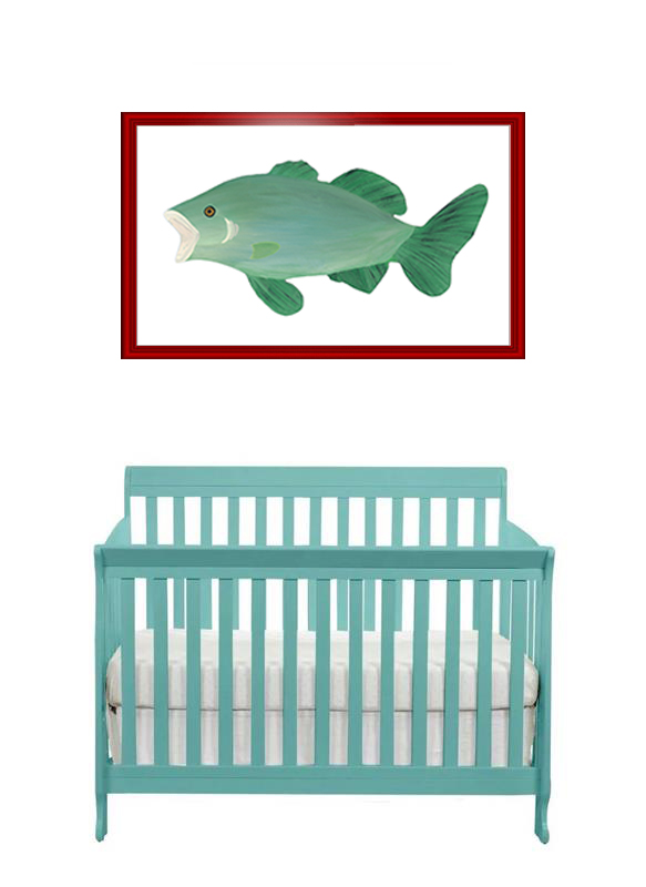 A green fish wall art above a blue crib in a nursery.
