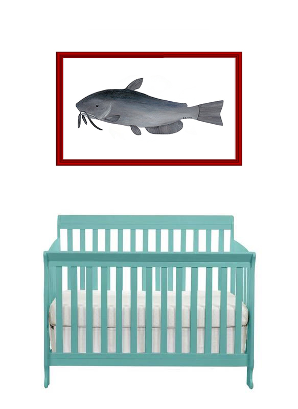A catfish image above a teal baby crib.