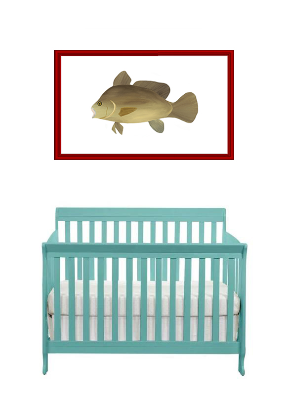 A baby crib with a fish image framed above it.