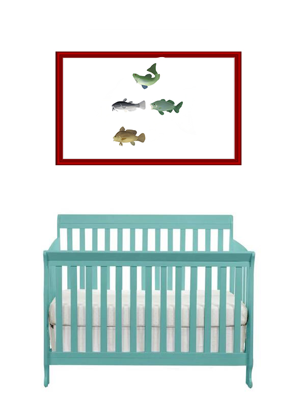Four colorful fish art print above a blue crib in a nursery.
