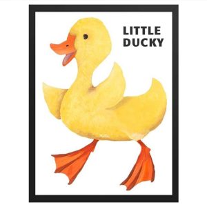Cute yellow duck illustration with the text 'Little Ducky'.