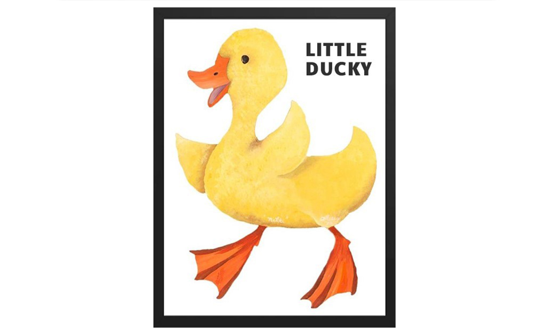 Cute yellow duck illustration with the text 'Little Ducky'.
