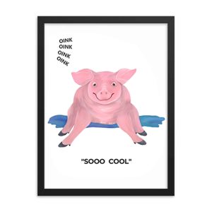 Illustration of a happy pink pig with the text 'SOOO COOL'.