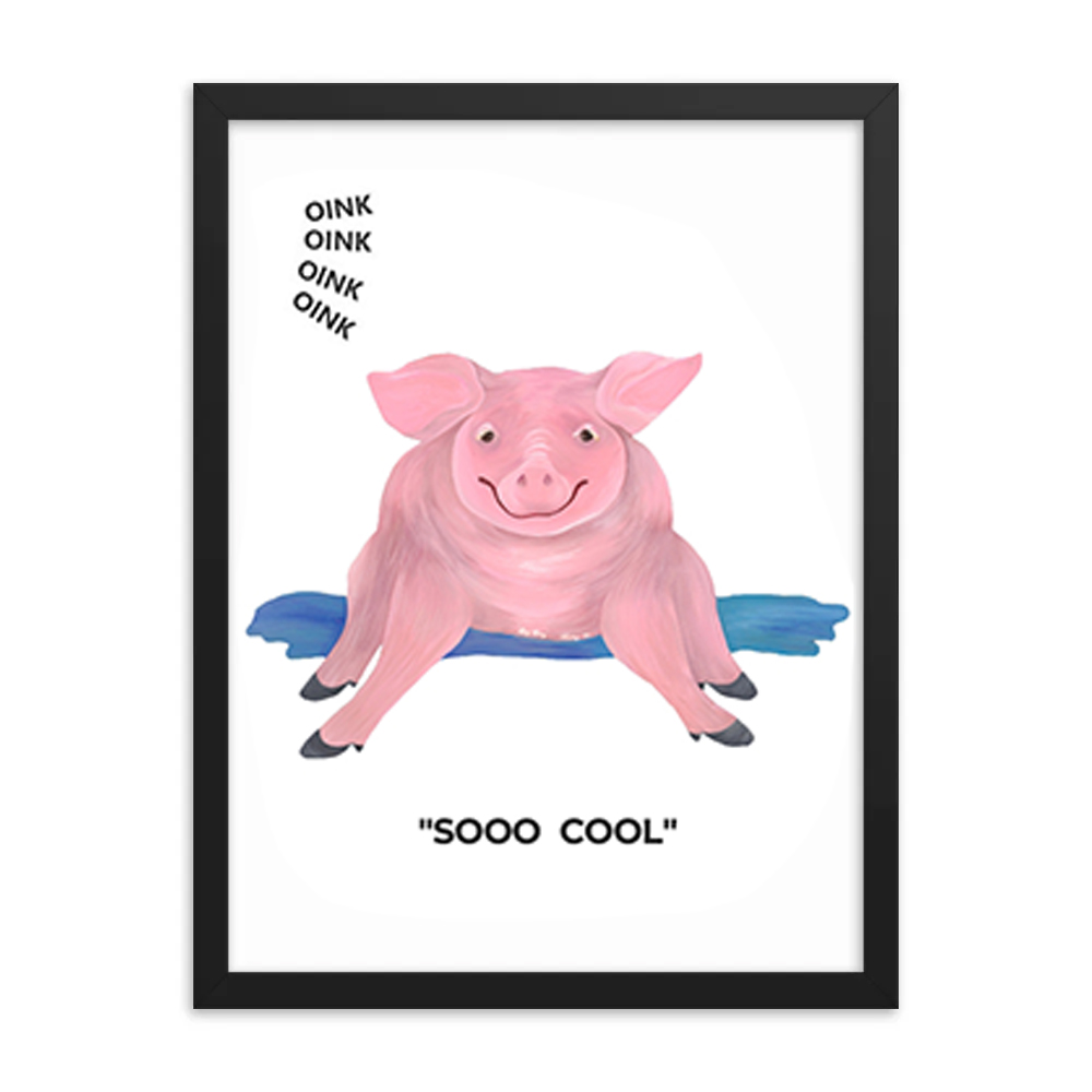 Illustration of a happy pink pig with the text 'SOOO COOL'.