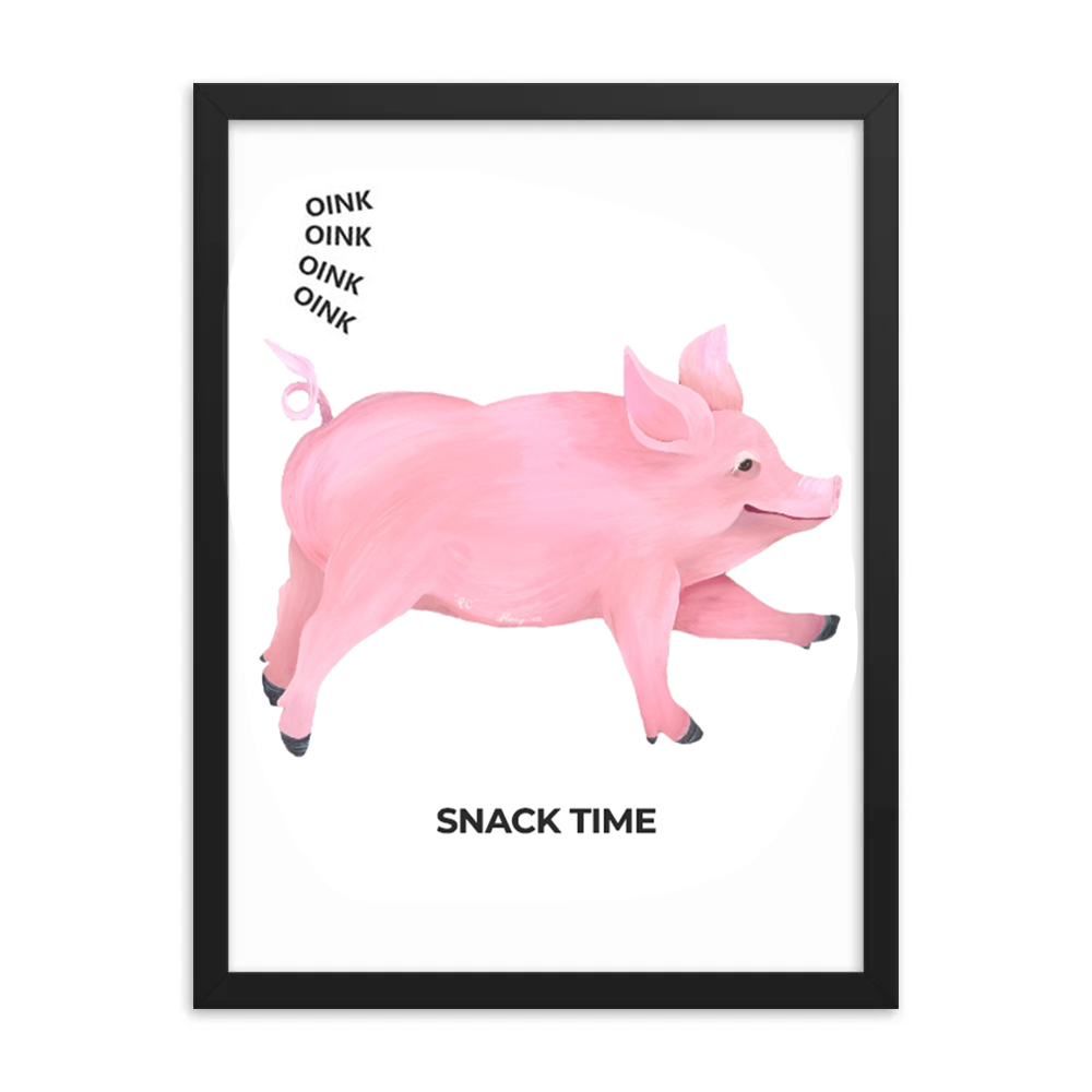 A playful pink pig with text saying "Snack Time".