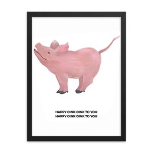 A pink pig figurine with a happy message below.
