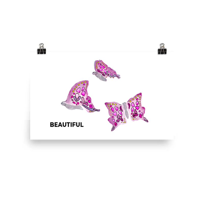 Pink butterflies with the word 'BEAUTIFUL' beneath them on a white background.