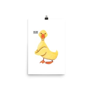 Cute cartoon duck with a speech bubble saying "quack" on a white background.