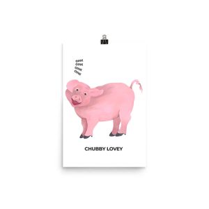 Illustration of a smiling pink pig with a curly tail and 'O HONEY LOVELY' text.