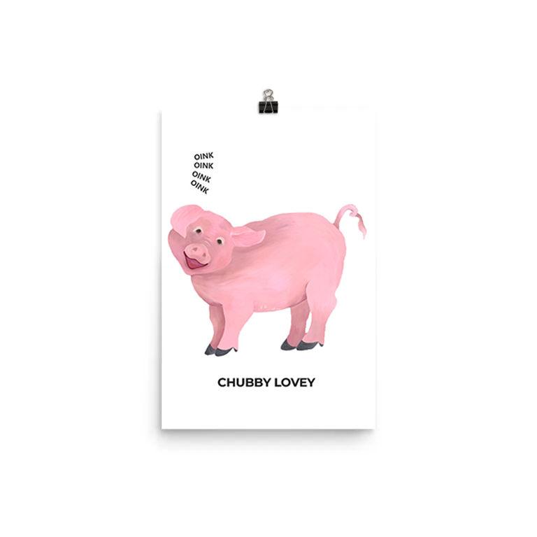 Illustration of a smiling pink pig with a curly tail and 'O HONEY LOVELY' text.