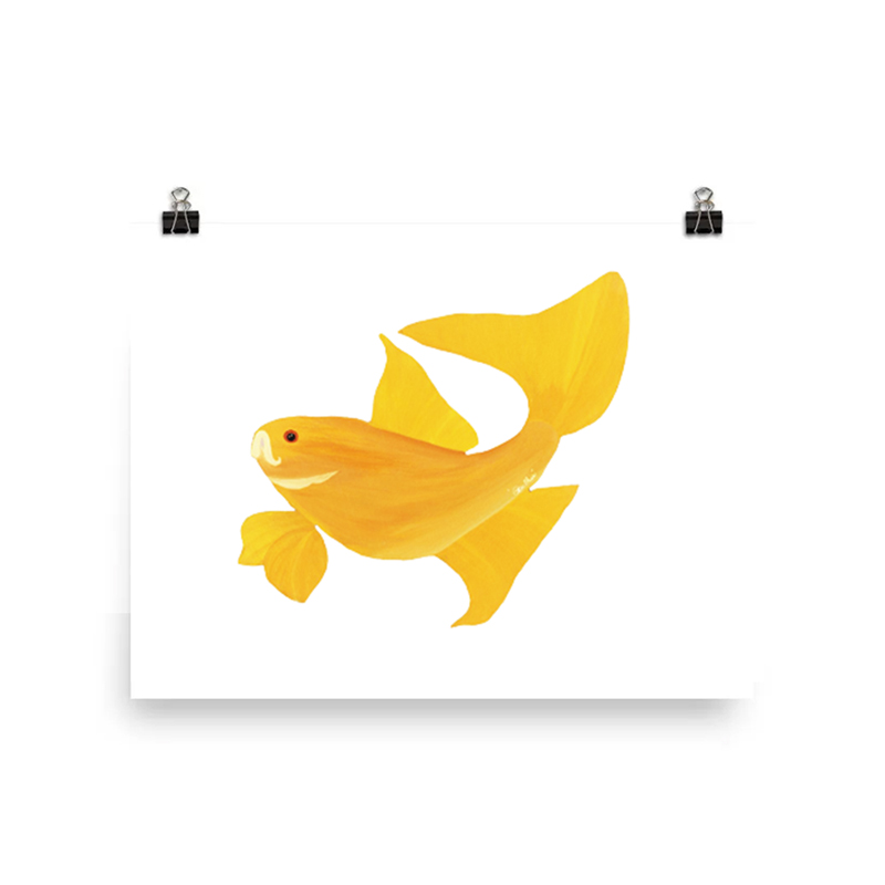 A simple yellow fish illustration on a white background.
