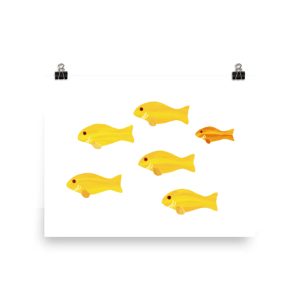 Illustration of six yellow fish, one different orange fish among them.