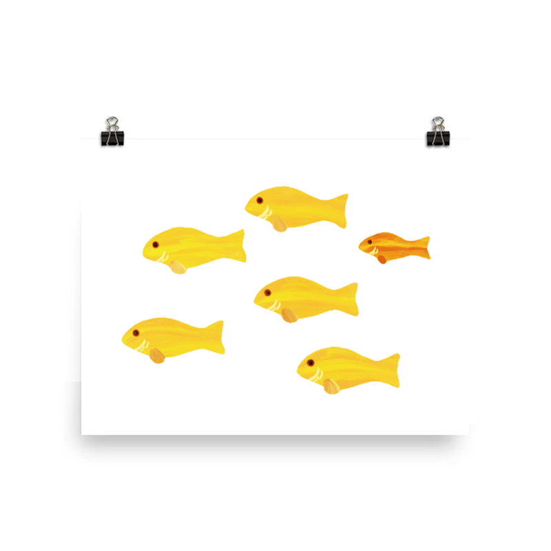 Illustration of six yellow fish, one different orange fish among them.
