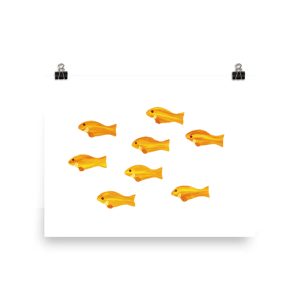 Seven orange fish swimming on a white background.