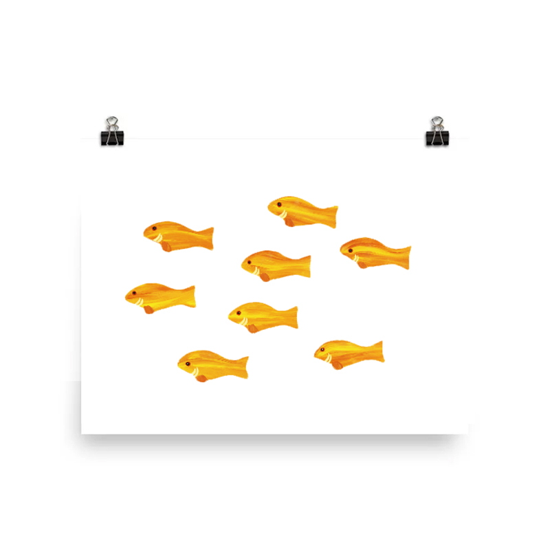 Seven orange fish swimming on a white background.
