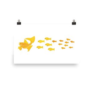 Illustration of large fish eating smaller fish of various sizes.