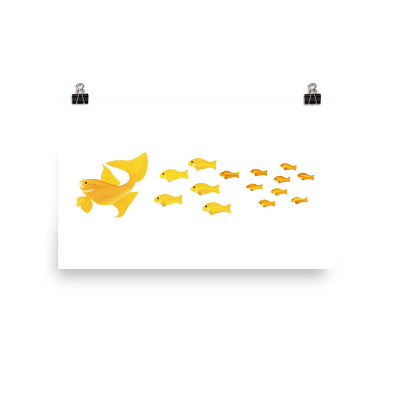 Illustration of large fish eating smaller fish of various sizes.