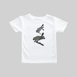 White t-shirt with a black silhouette skateboarder graphic.