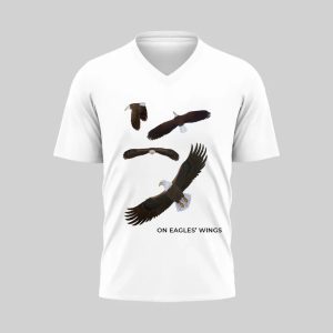 White V-neck T-shirt with black abstract brushstroke design and text.