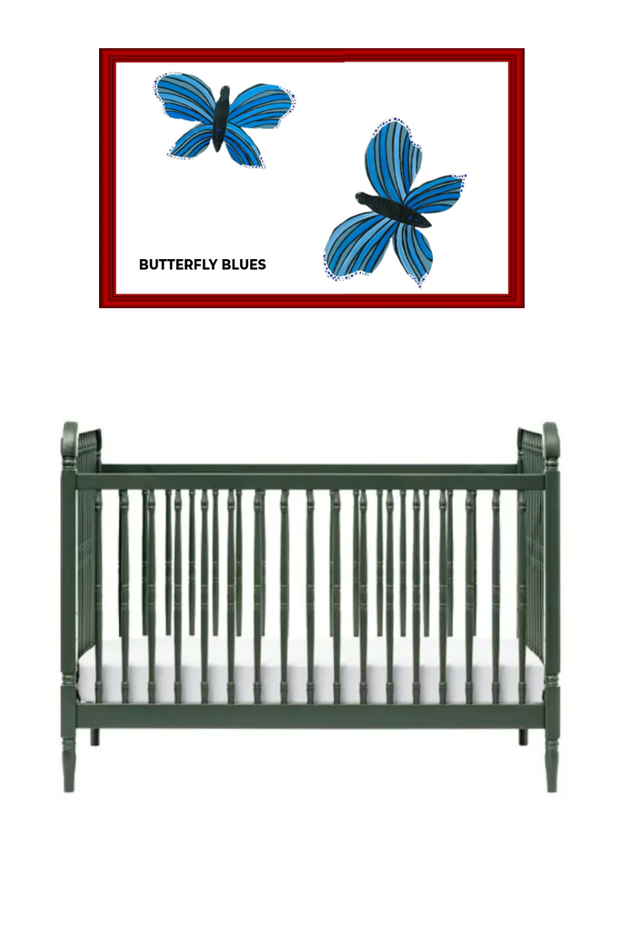 A dark green baby crib with a white mattress and a butterfly-themed wall art above it.