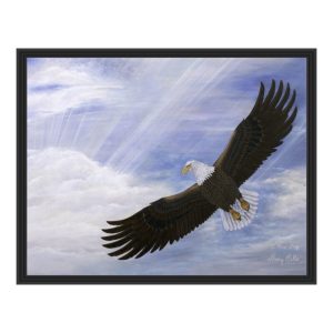 Eagle soaring high with expansive wings against a cloudy sky.