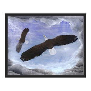 Two eagles soaring through a cloudy sky with a glowing sun.