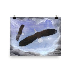 Two eagles soaring in a stormy sky with lightning.