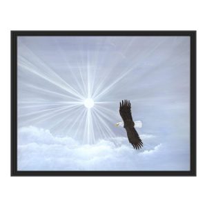 An eagle soars beneath radiant sunlight in a cloudy sky.