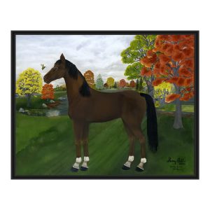 Brown horse standing in a colorful autumn landscape.