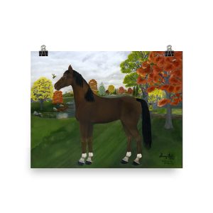A brown horse standing on green grass with autumn trees in the background.