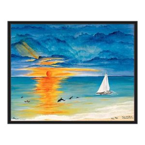 A sailboat glides on calm waters during a vibrant sunset with birds flying.