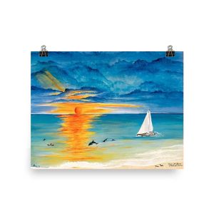 Sailboat glides on water at sunset with vibrant colors.