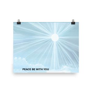 A serene blue poster with radiating light and the words 'PEACE BE WITH YOU'.