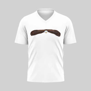 White V-neck T-shirt with a graphic of two crossed muskets on the chest.
