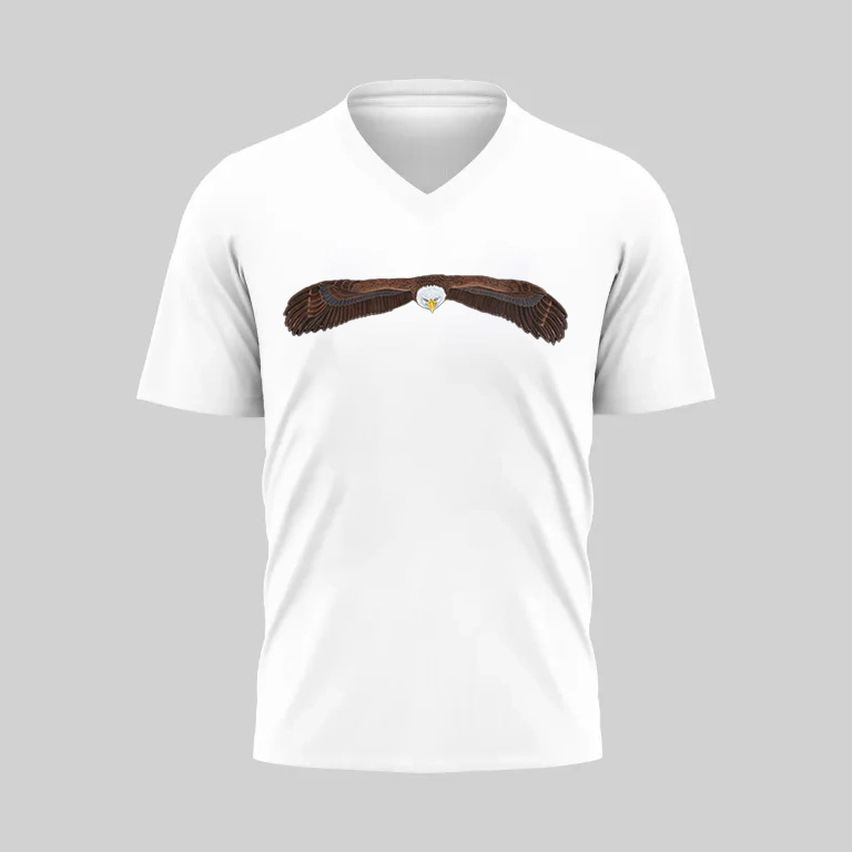 White V-neck T-shirt with a graphic of two crossed muskets on the chest.