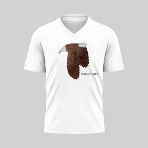 White V-neck T-shirt with a brown abstract design.