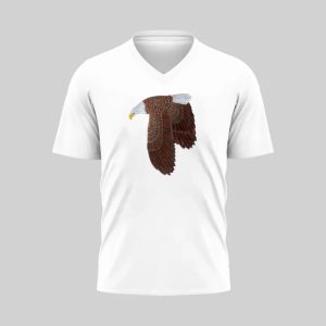 White V-neck T-shirt with a brown abstract design on the chest.
