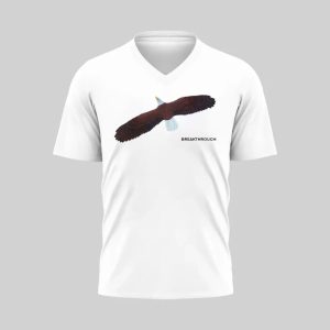 White V-neck t-shirt with a brown knife graphic.