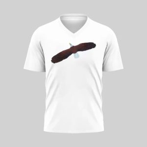 White V-neck T-shirt with a dark abstract design across the chest.