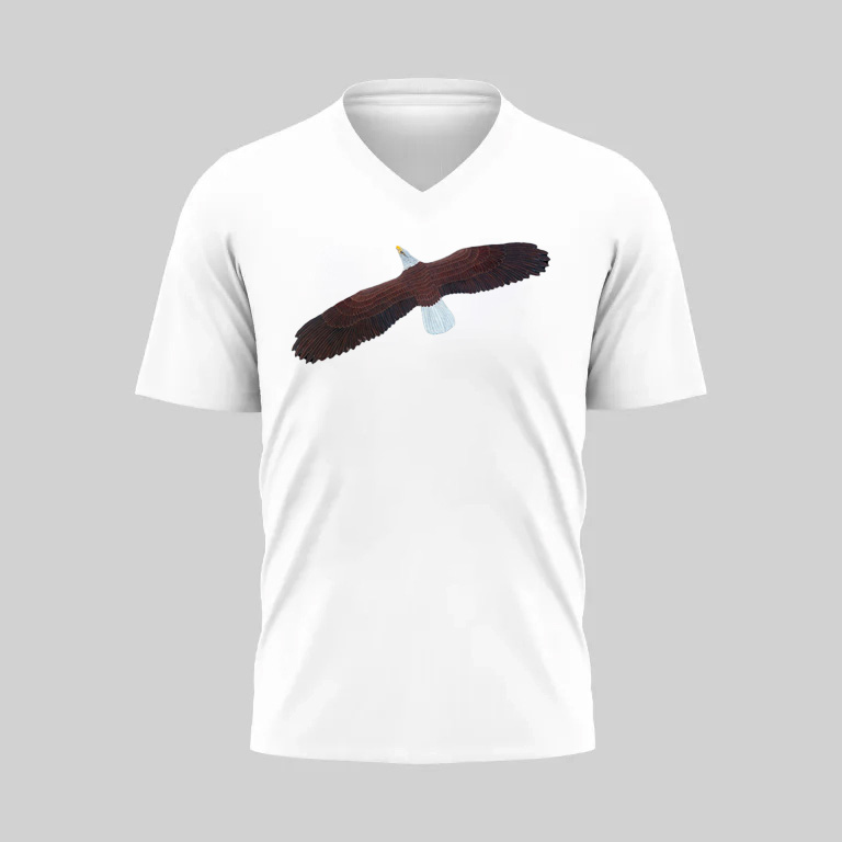 White V-neck T-shirt with a dark abstract design across the chest.