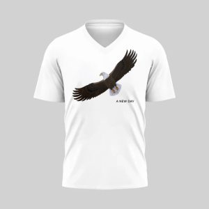 White V-neck t-shirt with a soaring eagle graphic design.