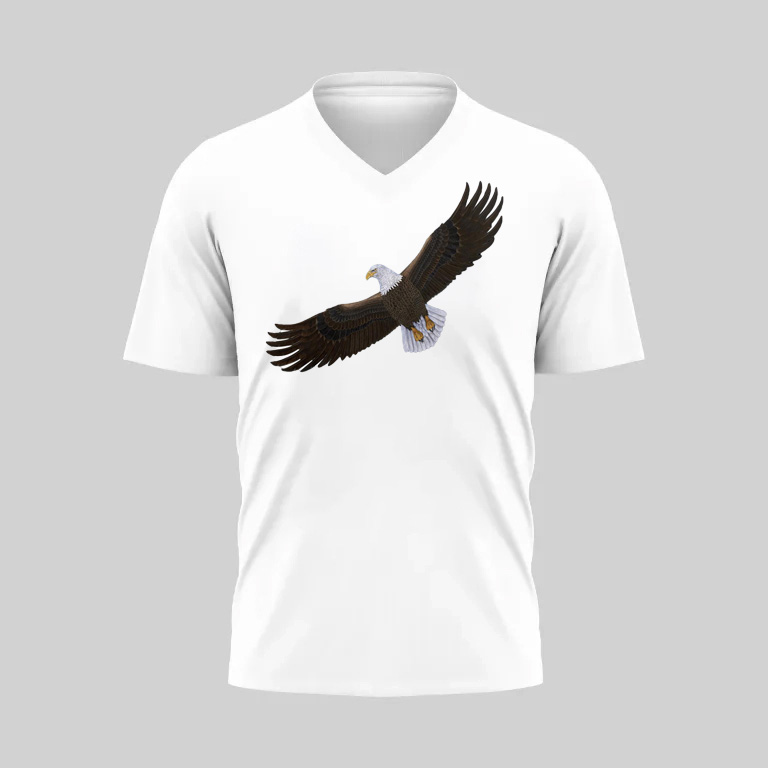 White V-neck T-shirt with a soaring eagle graphic on the front.