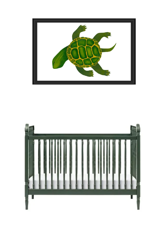 A green crib under a framed turtle illustration on a white wall.