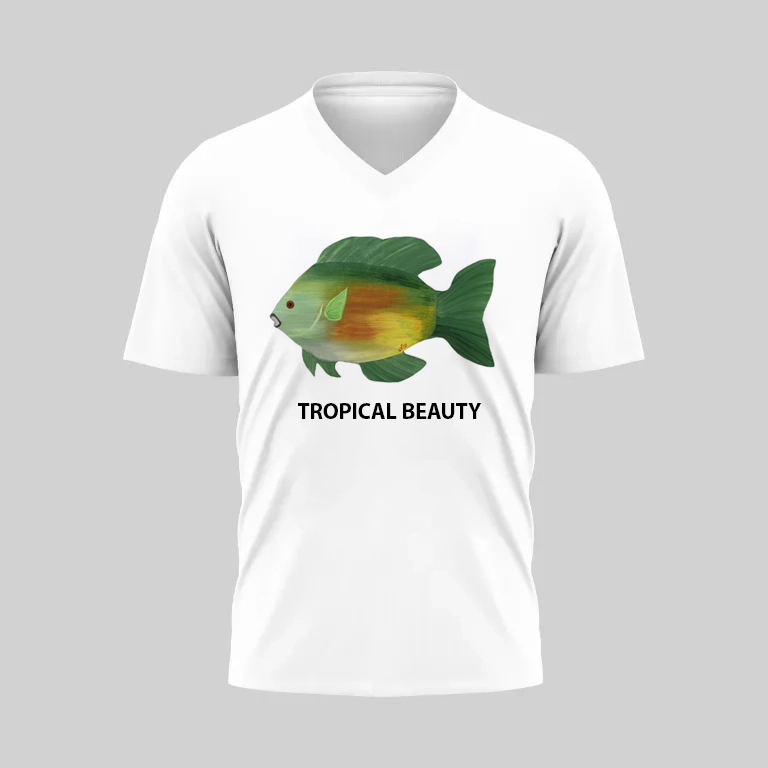 White V-neck T-shirt with a colorful tropical fish design and 'Tropical Beauty' text.