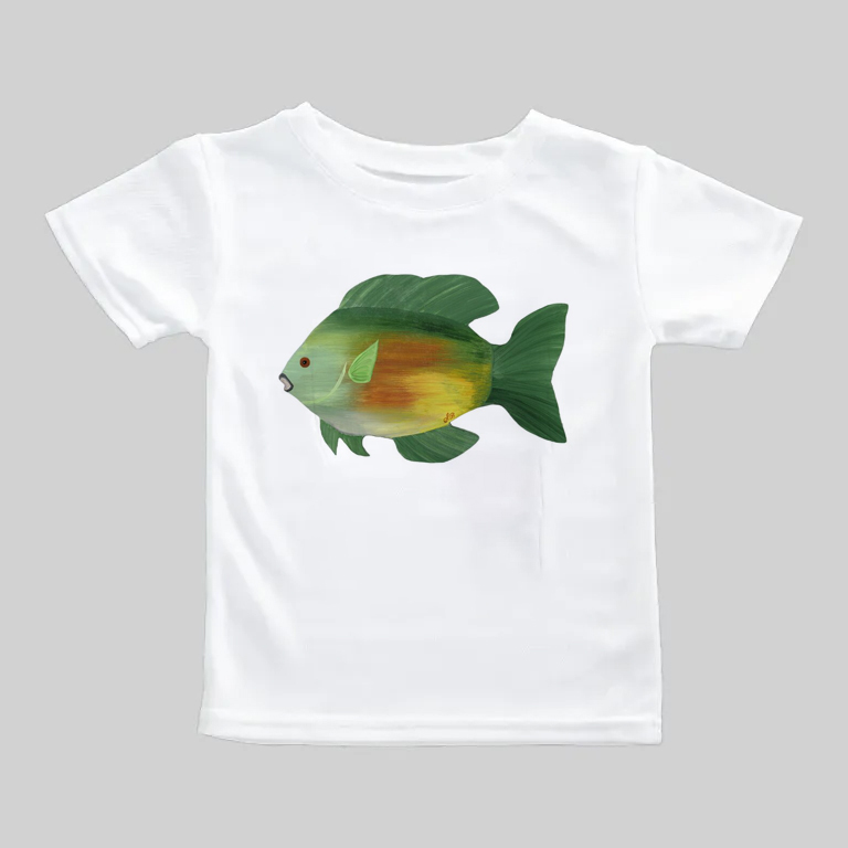 White t-shirt featuring a colorful fish graphic.