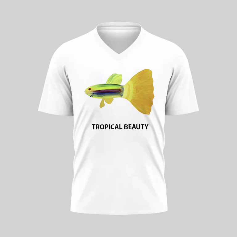 White V-neck T-shirt with a colorful tropical bird and leaf design.