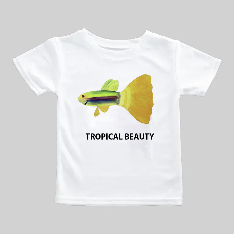 White T-shirt with a colorful tropical fish and 'Tropical Beauty' text.