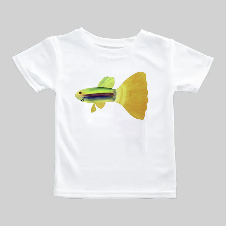 White t-shirt with colorful fish graphic design on front.