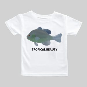 White t-shirt with a colorful tropical fish illustration and 'TROPICAL BEAUTY' text.